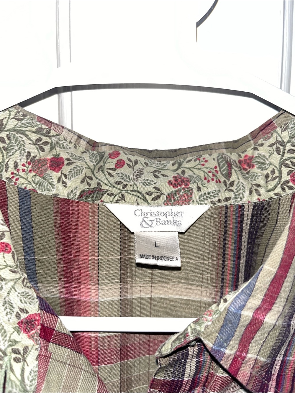 Christopher & Banks Plaid Cotton Blouse L Floral Trim 3/4 Sleeve Boxy - Picture 5 of 9